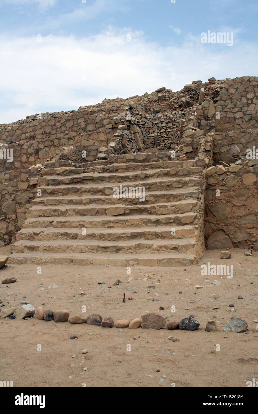 Adobe stairs at the Pyramid of La Huanca at the Caral archeological site near Barranca, Peru north of Lima. Stock Photo
