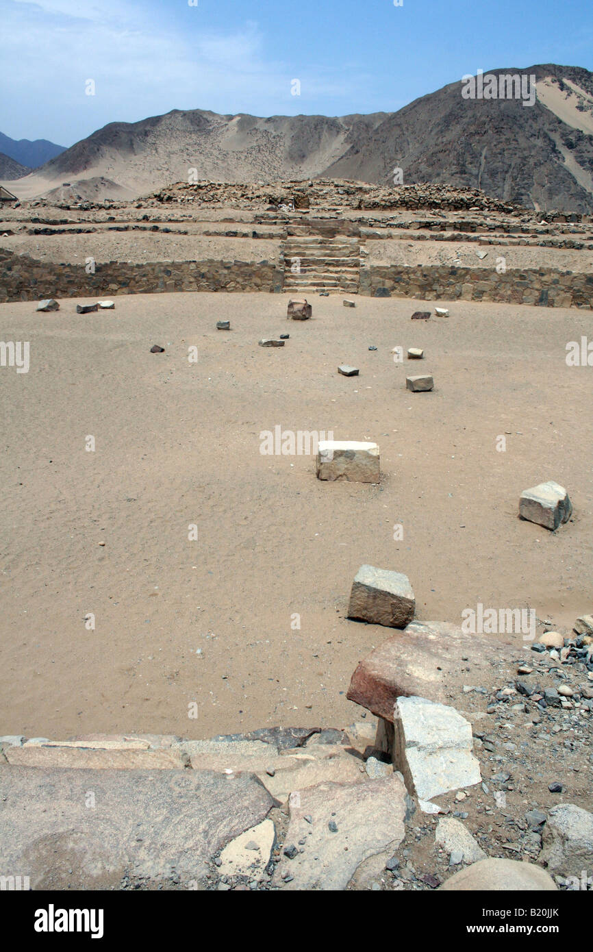 The Main Amphitheater at the Caral archeological site near Barranca, Peru north of Lima. Stock Photo