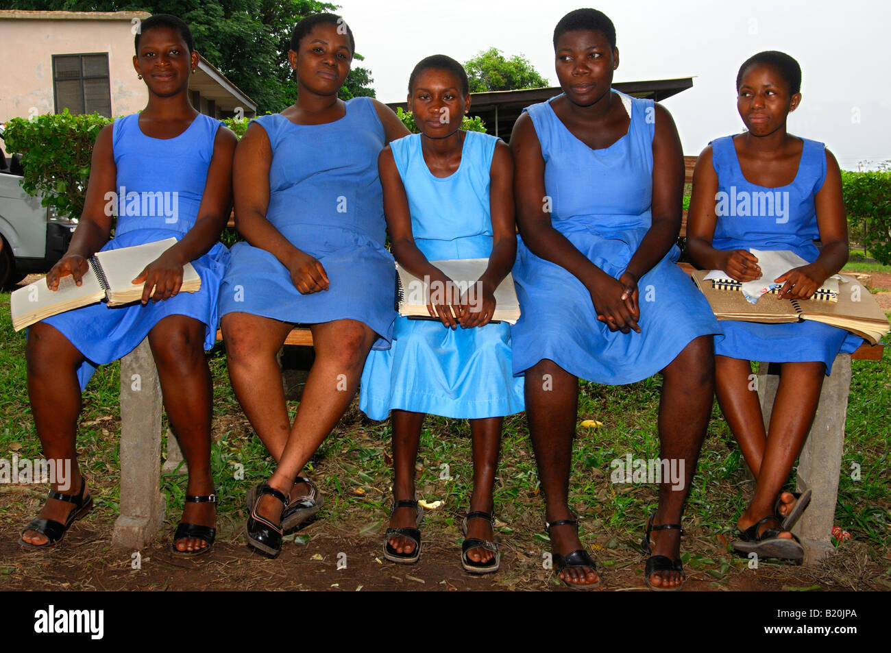 A group of students of the Akropong School for the Blind with textbooks written in Braille, Akropong, Ghana Stock Photo