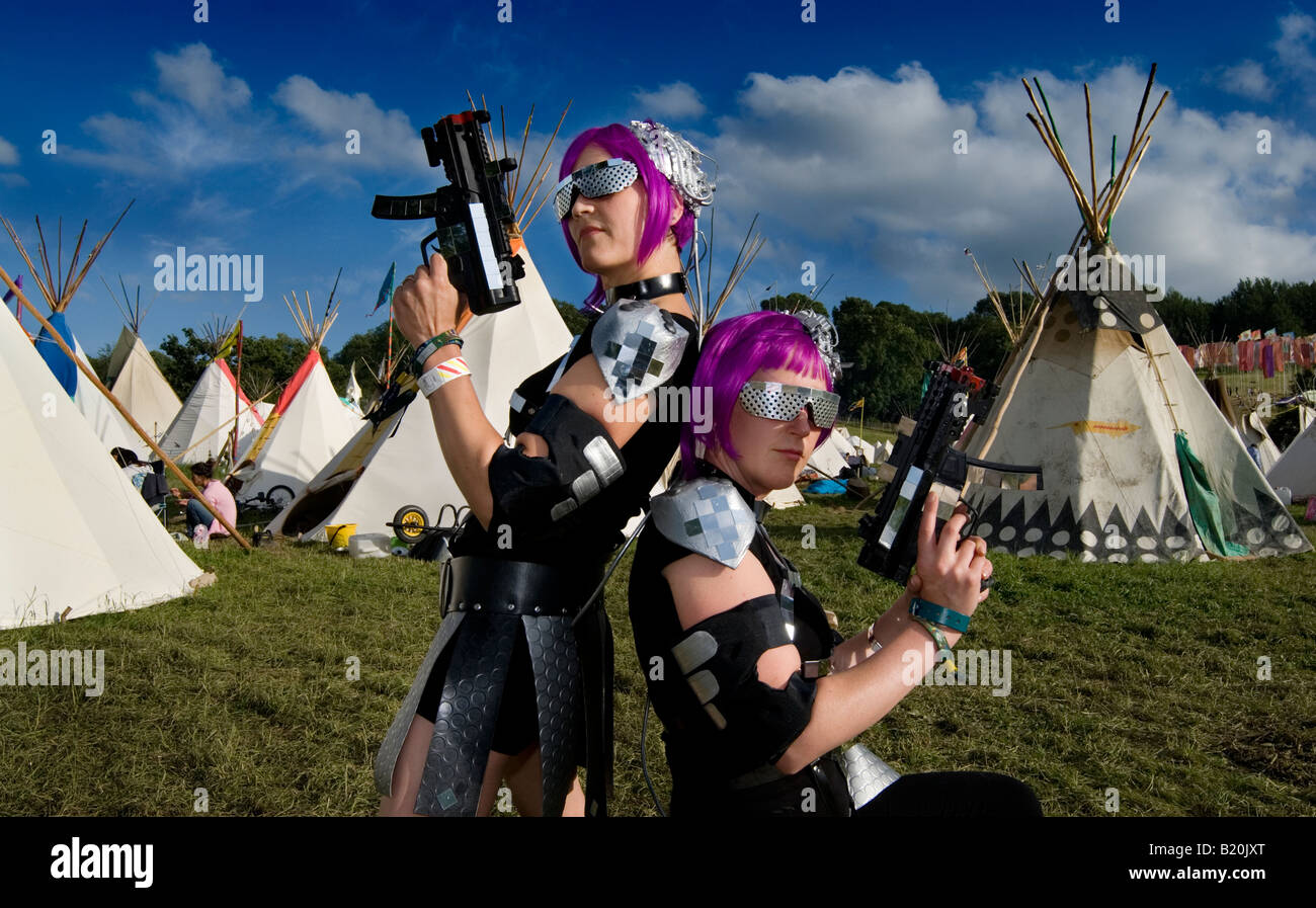 Performers from 'the diner' Shangri-la on their lunch break in the Tepee field Glastonbury Festival Stock Photo