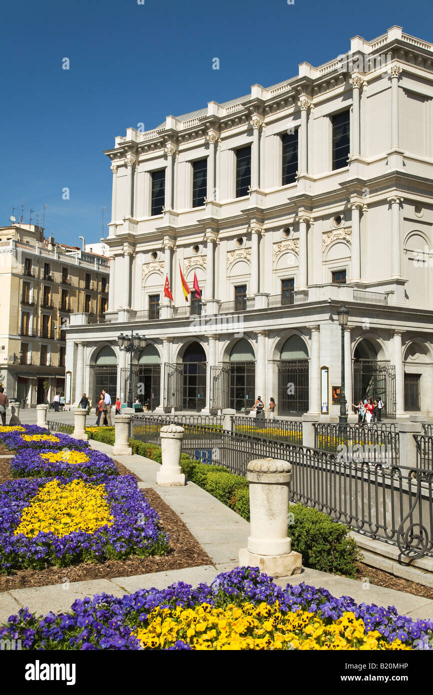 SPAIN Madrid Flowers in garden outside Royal Theater Teatro Real and Plaza de Oriente Stock Photo