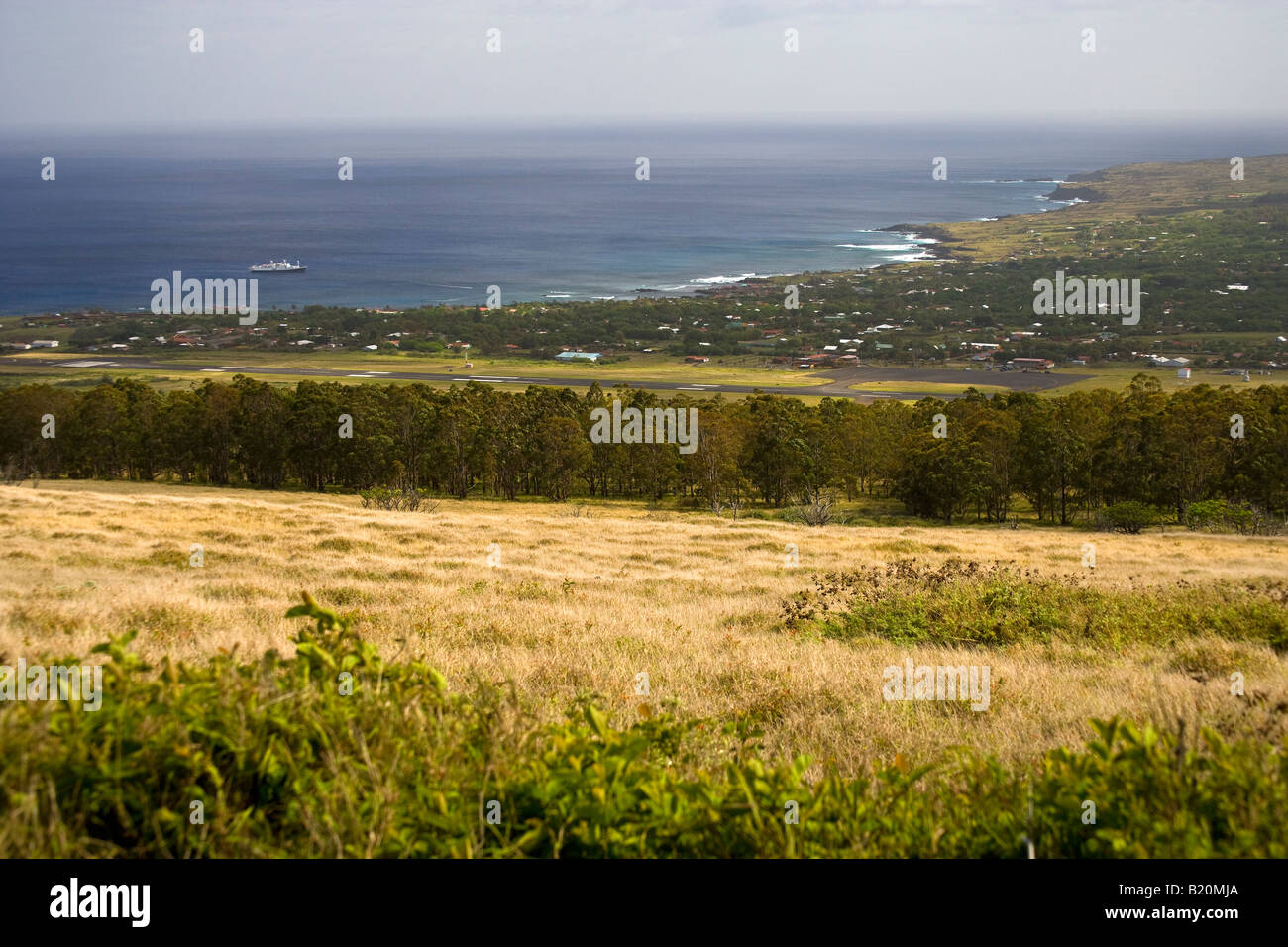 Aerial view of coastline and airport Easter Island Stock Photo