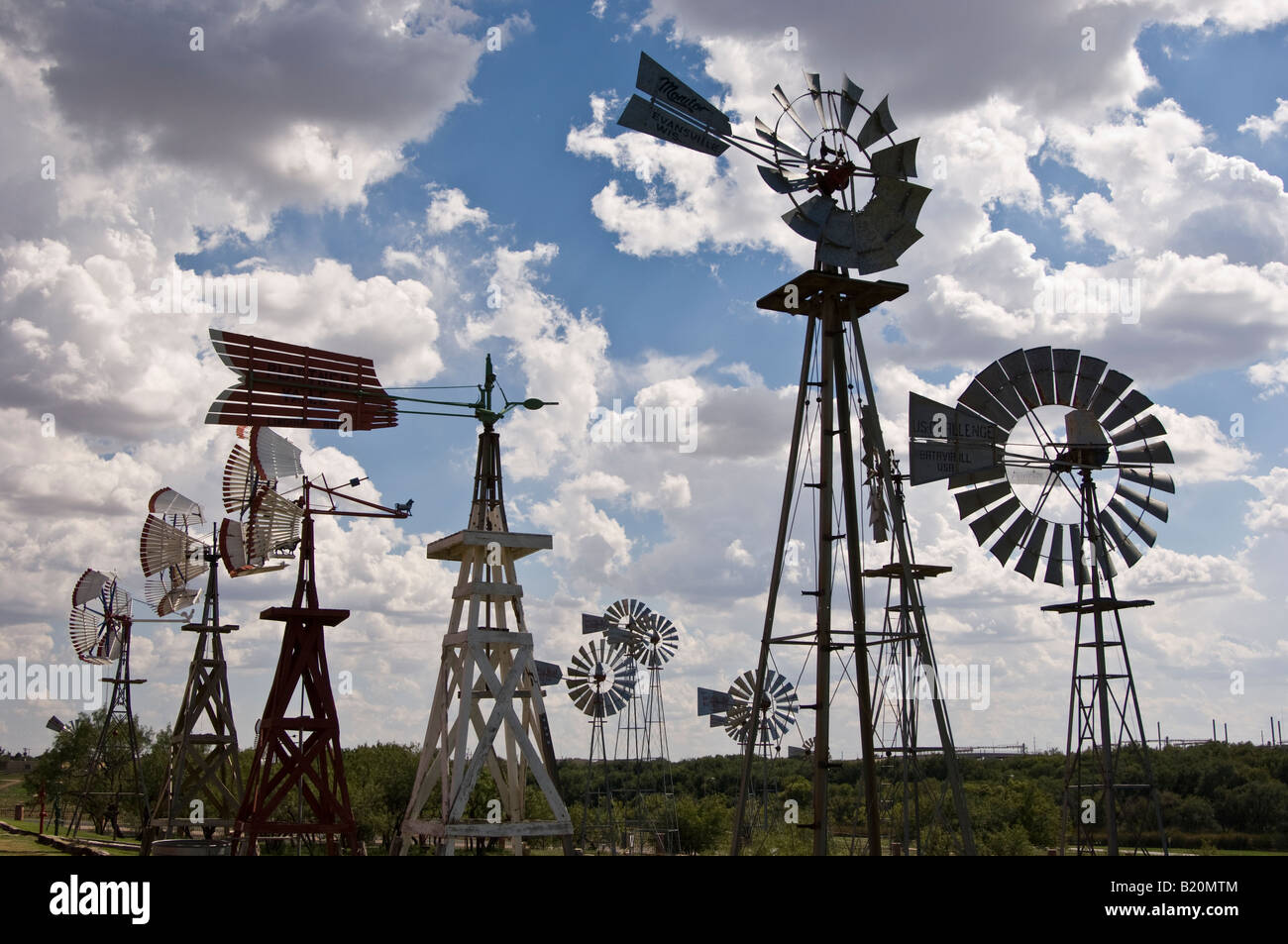 Several styles of windmills at the Windmill Museum in Lubbock Texas