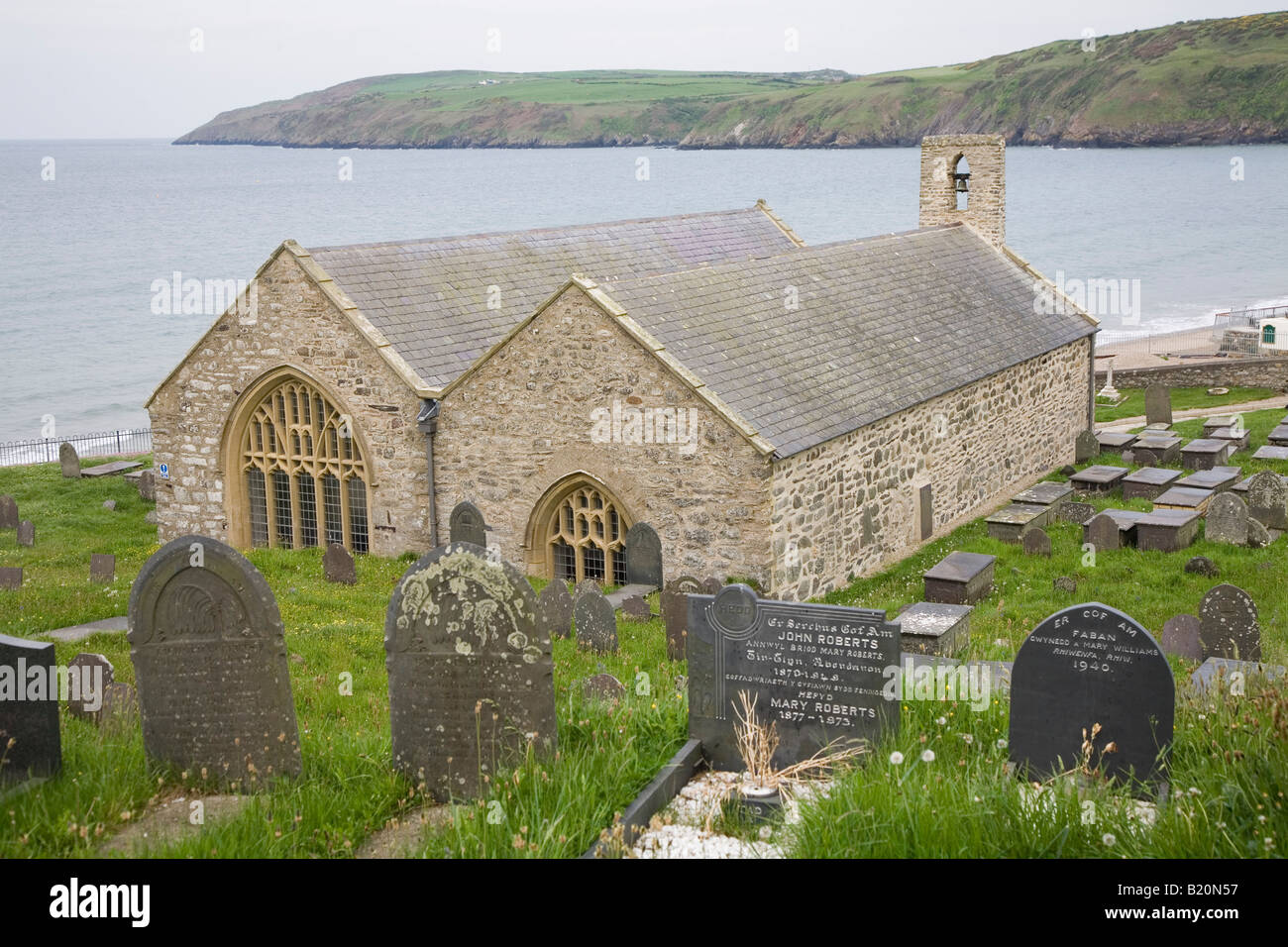 grave yard and  St Hywyn Church, Aberdaron, Wales, UK Stock Photo
