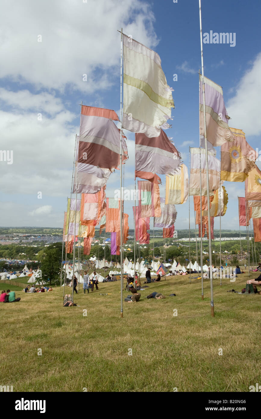 Flags on the hill above the tipi field. Glastonbury Festival 2008 Stock