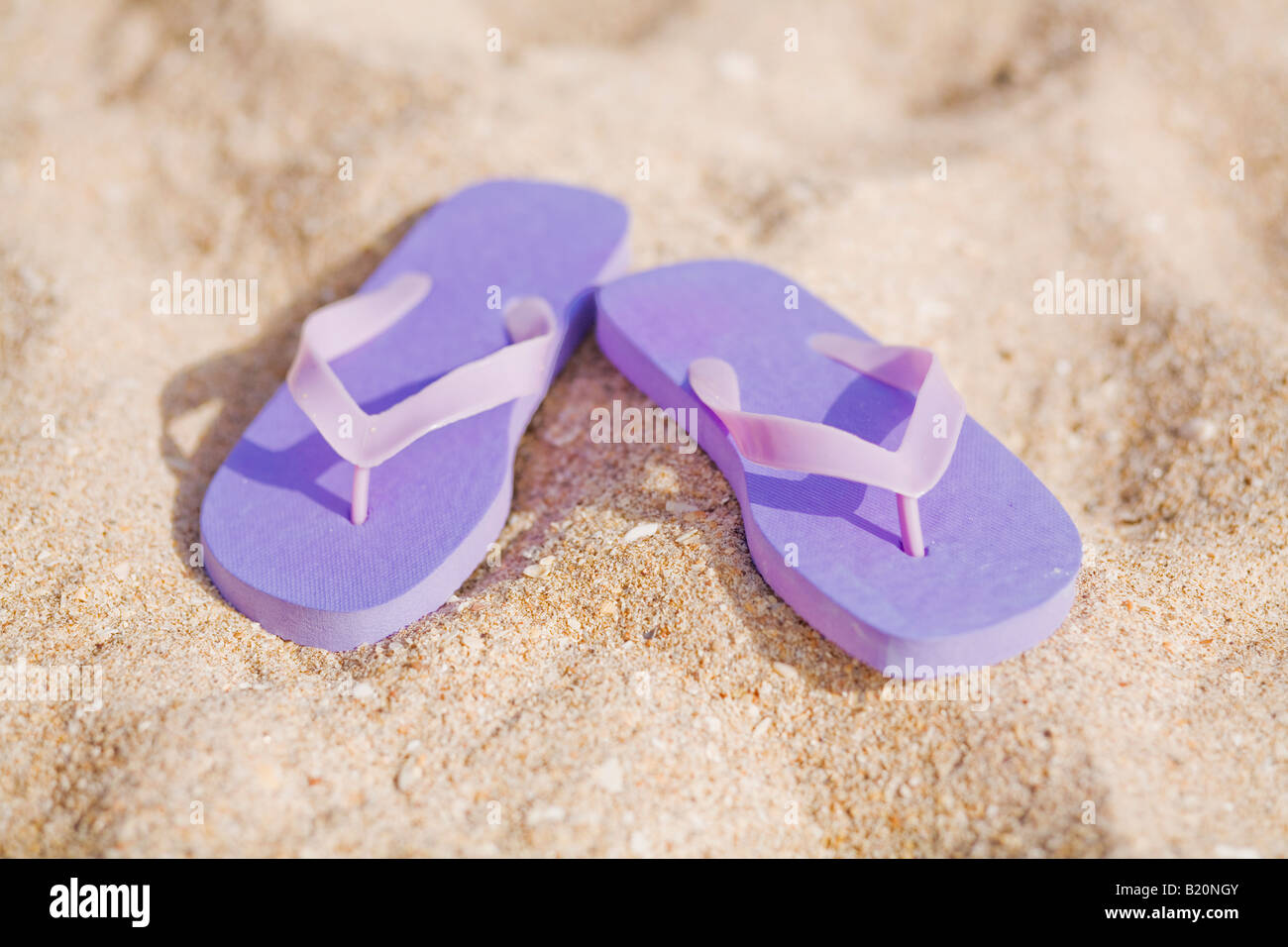 Purple flip flops in the sand on a beach Stock Photo - Alamy