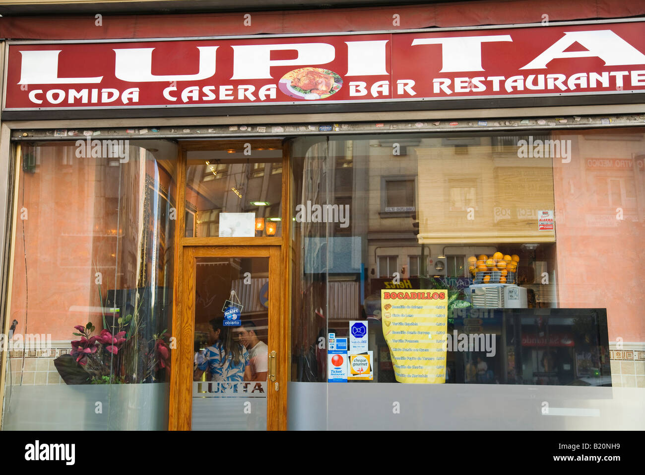SPAIN Madrid Menu for bocadillos posted in window of restaurant on Gran Via street Spanish sandwiches Stock Photo