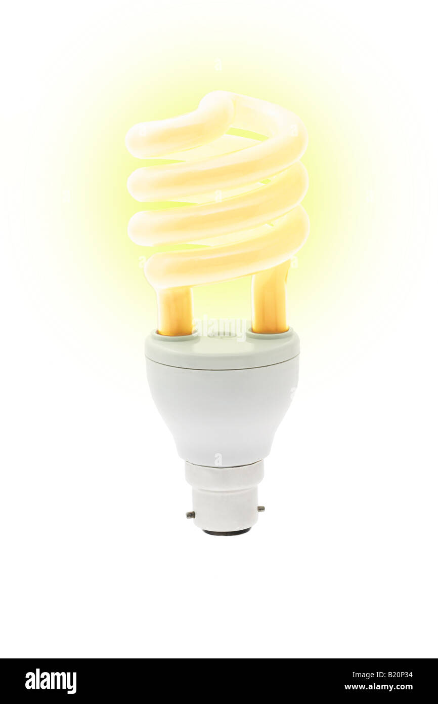 Glowing energy saving light bulb on white background Stock Photo - Alamy