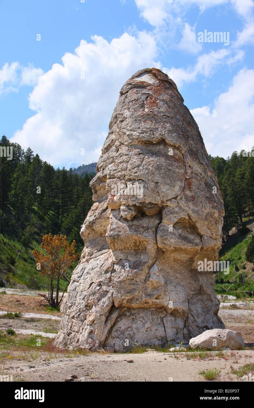 Liberty Cap located at the Mammoth Hot Springs Yellowstone National Park is a dormant hot spring cone Stock Photo