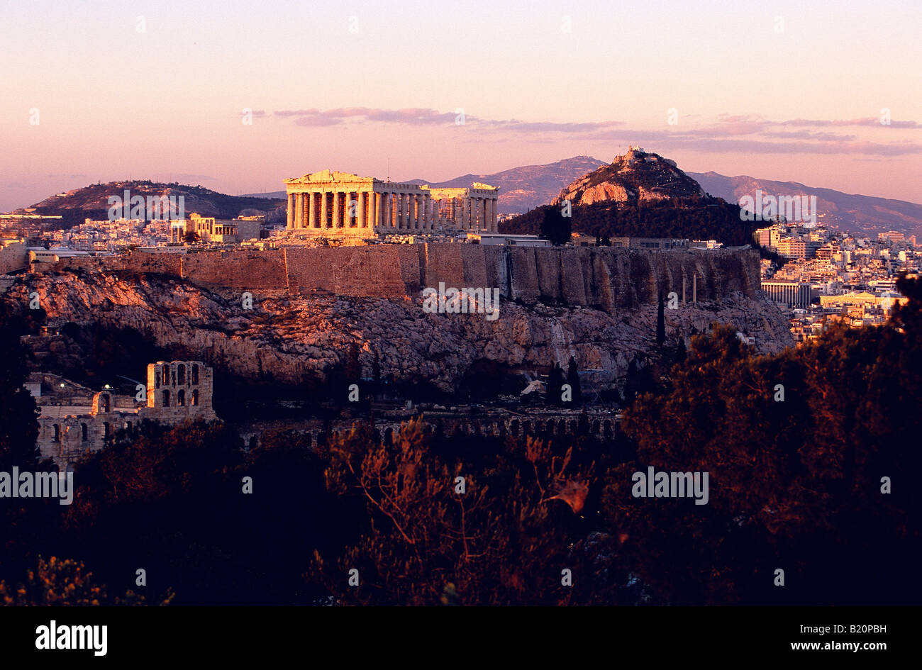 Parthenon Acropolis Lycabetus Hill view from Philopappos Hill Athens Greece Stock Photo