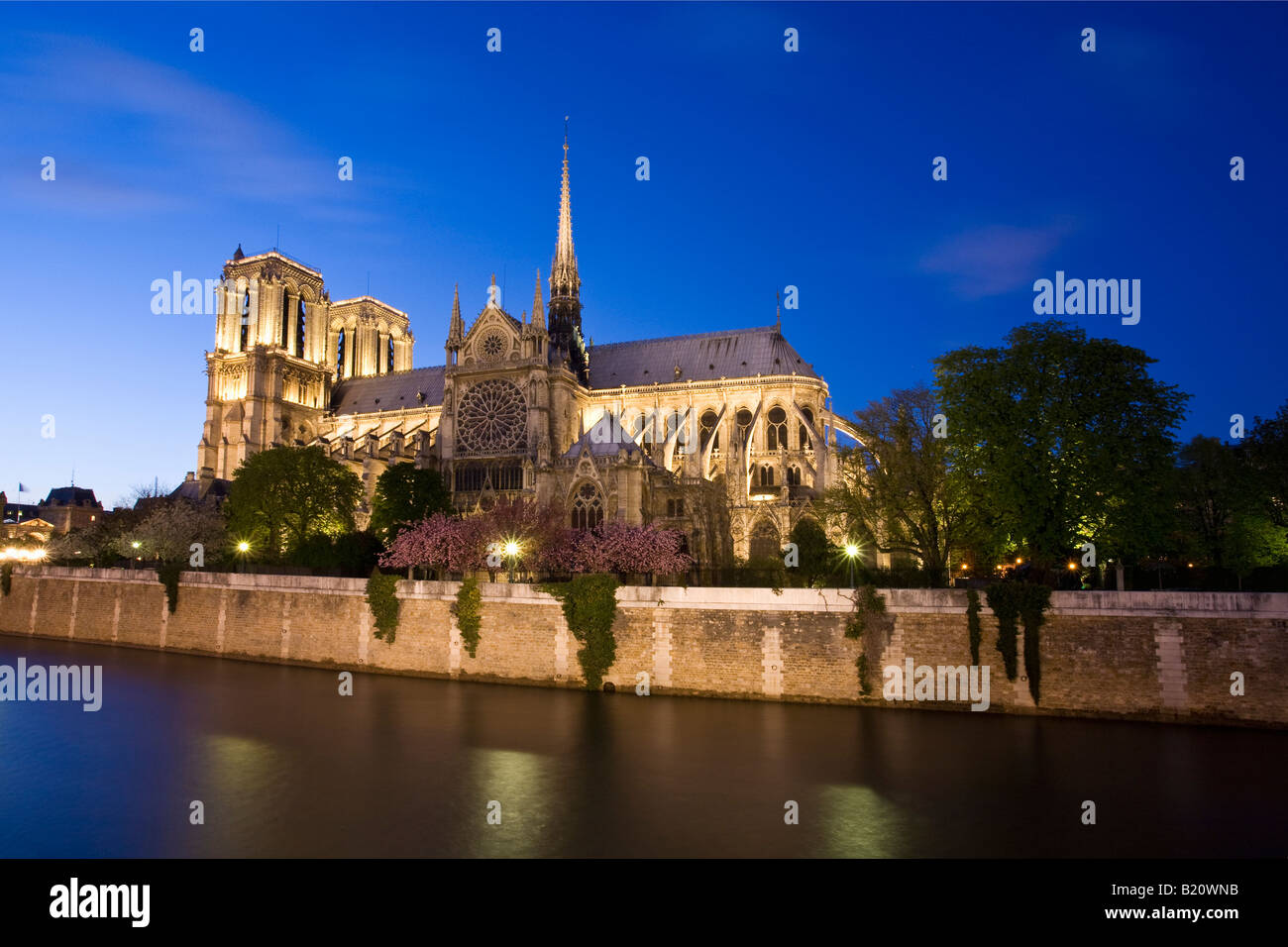 Notre Dame Cathedral floodlit illuminated illuminations and River Seine in evening night light Paris France Europe EU Stock Photo