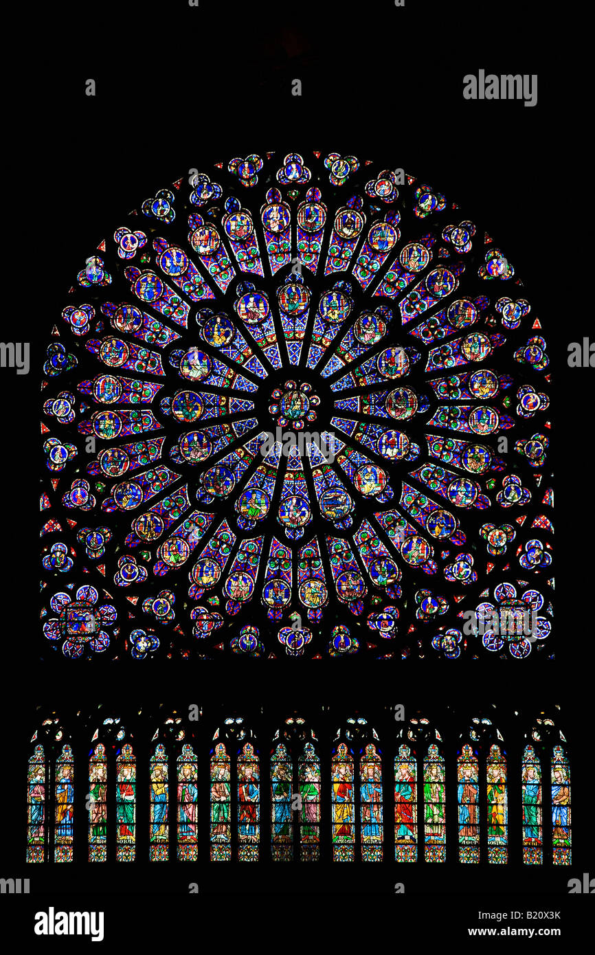 Notre Dame Cathedral north transept rose window showing virgin mary Paris France Europe Stock Photo