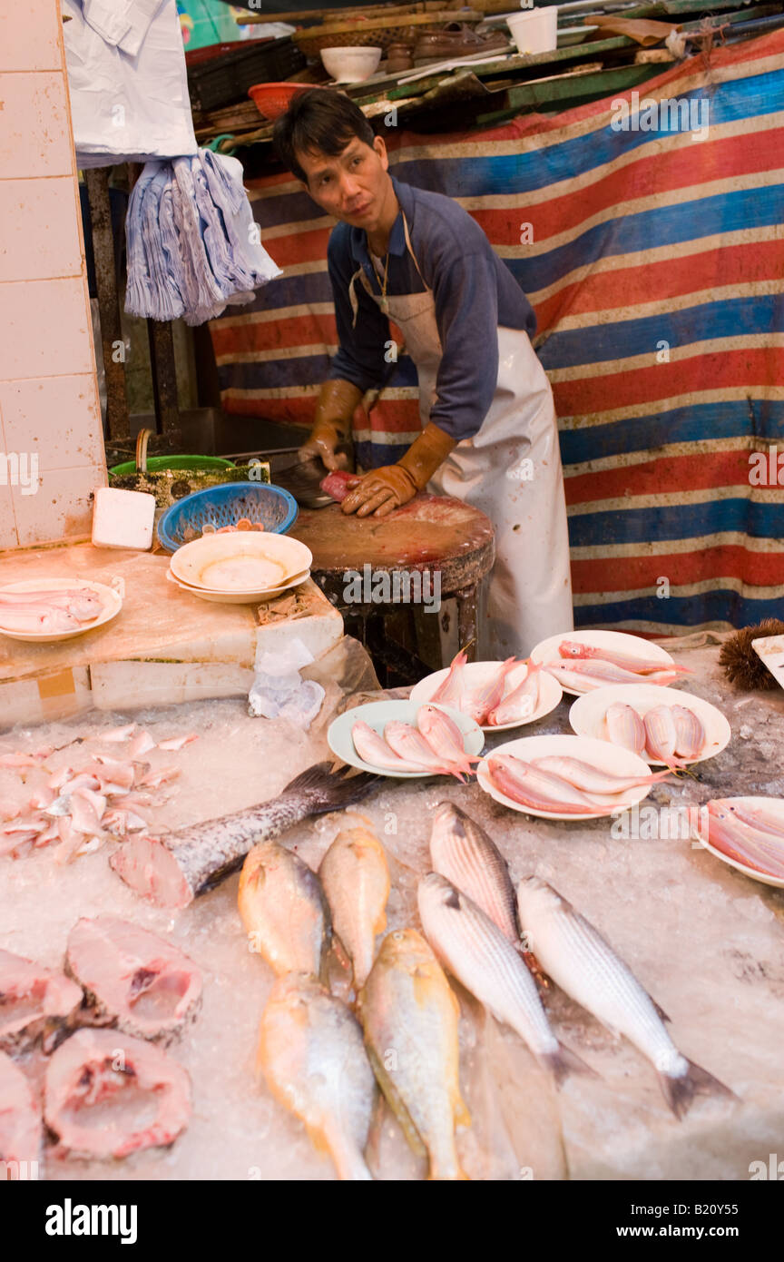 Fresh fish on sale in traditional old Chinese Soho food market in Graham Street Central Hong Kong China Stock Photo