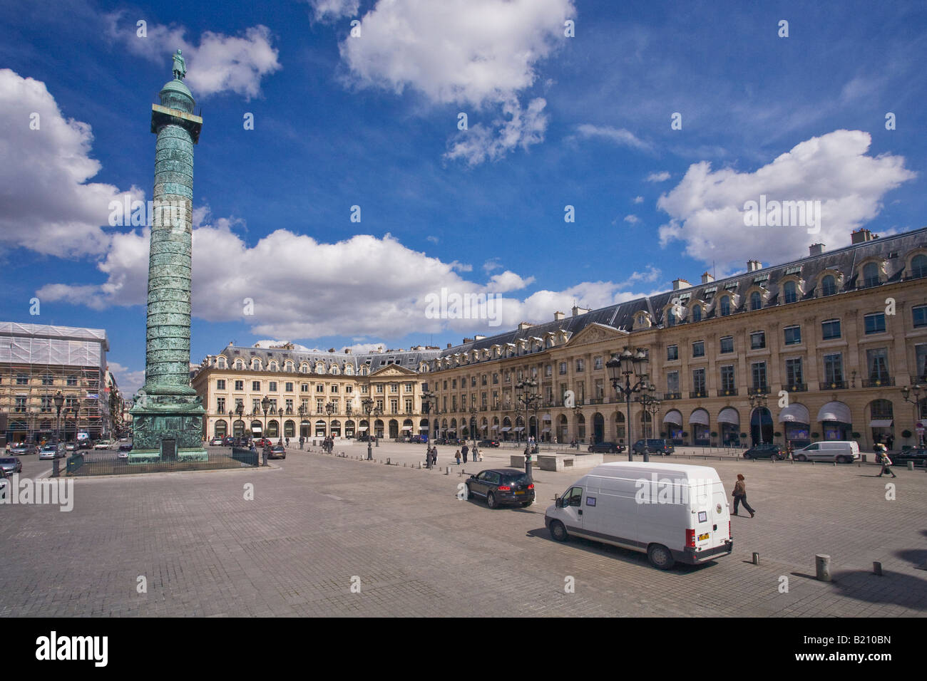 Place Vendome with column commissioned by Napoleon to commemorate his victory at Austerlitz in spring sunshine Paris France Stock Photo