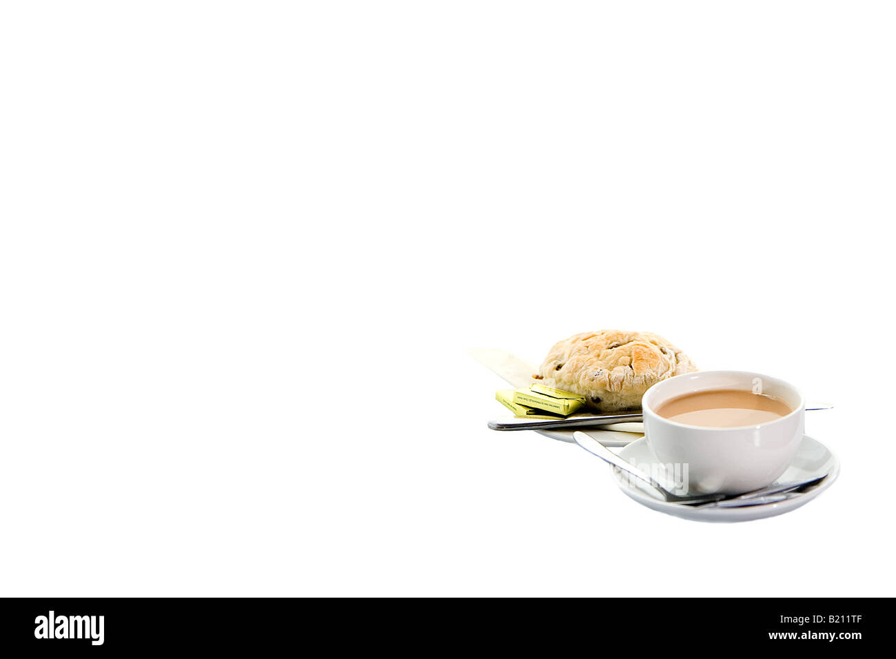 Cup of English breakfast tea and scone with room for text landscape format perfect for advertising Stock Photo