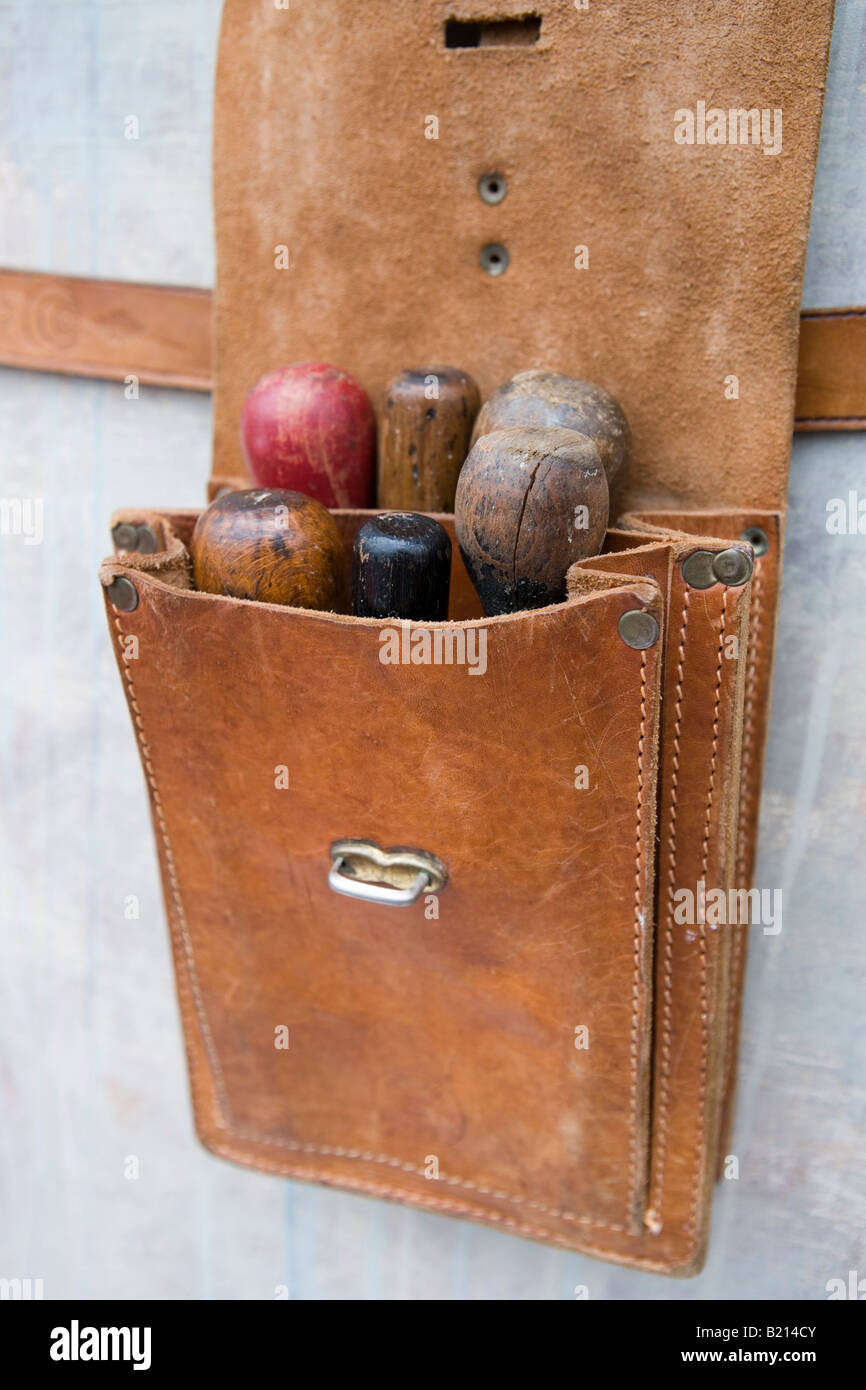 Vintage carpenters tools in a leather case Stock Photo