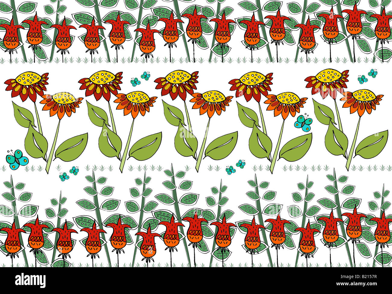Graphic patter/illustration of 1950's style flowers against a white background Stock Photo