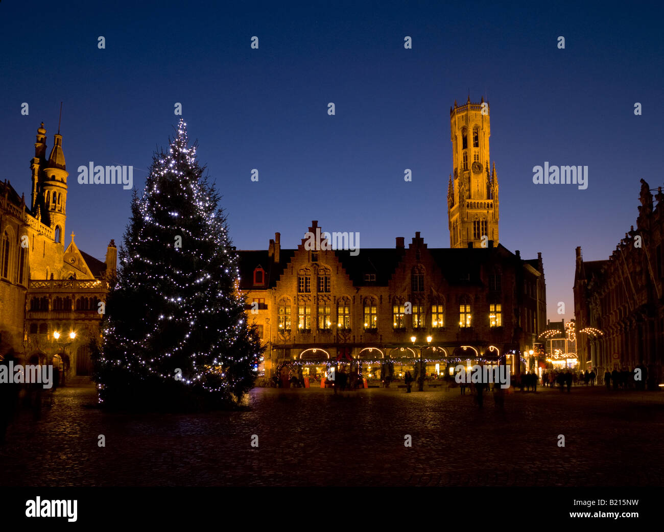 Night view of Burg and Belford tower with illuminated Xmas tree in
