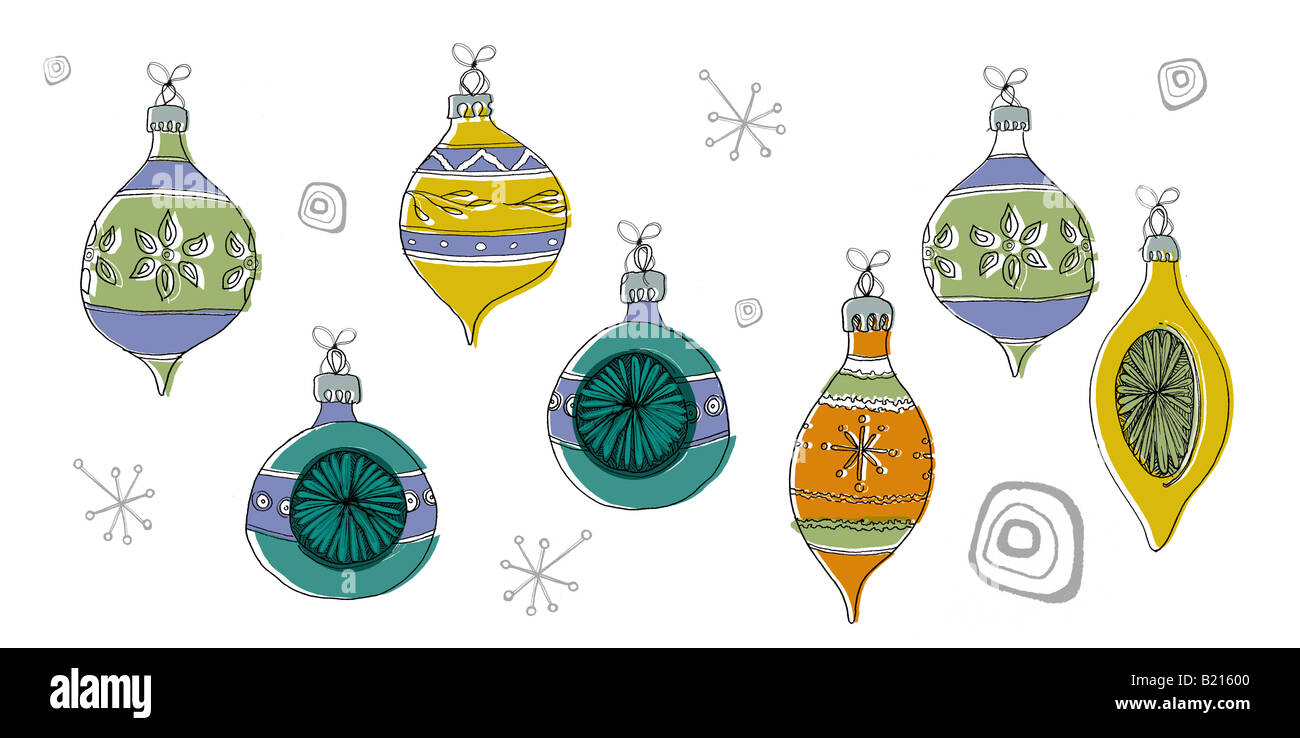 Illustration of 1950's style Baubles hanging from a fir tree branch. Illustration by Julie Miller Stock Photo