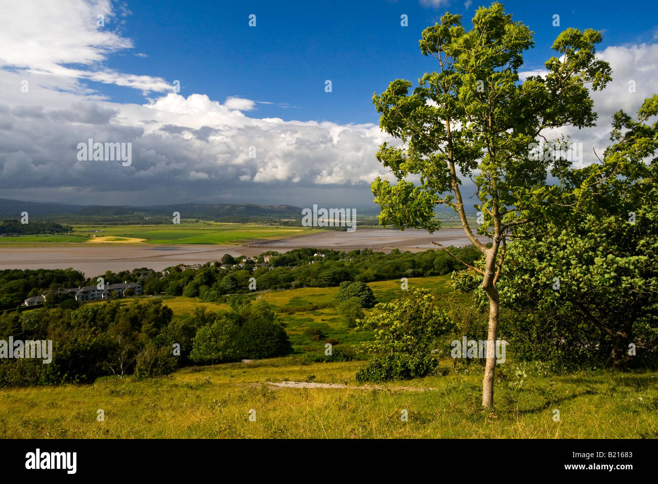 View over the Kent Estuary Morecambe Bay from Arnside Knott Cumbria UK with the Lake District hills visible in the distance Stock Photo