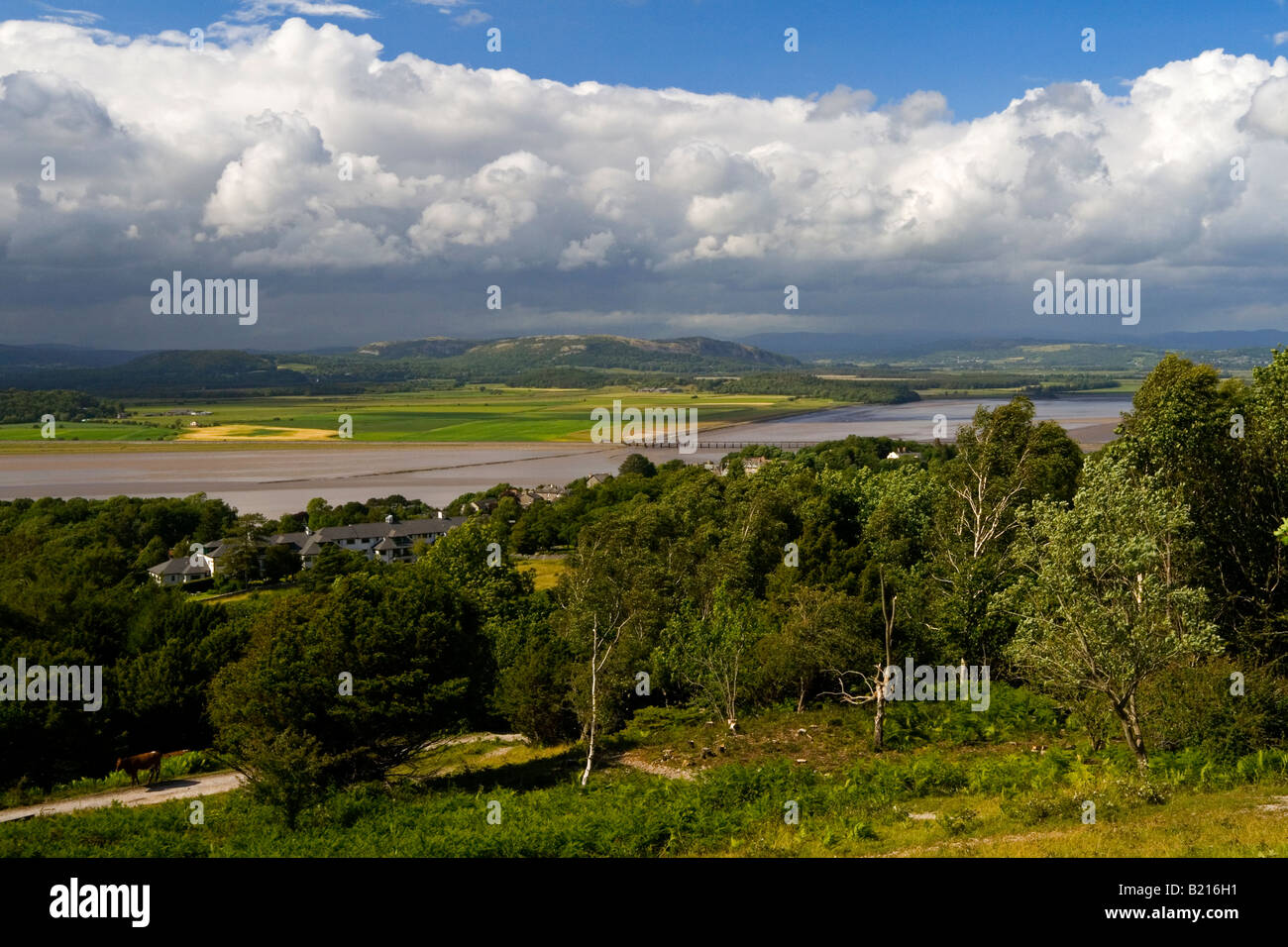 View over the Kent Estuary Morecambe Bay from Arnside Knott Cumbria UK with the Lake District hills visible in the distance Stock Photo