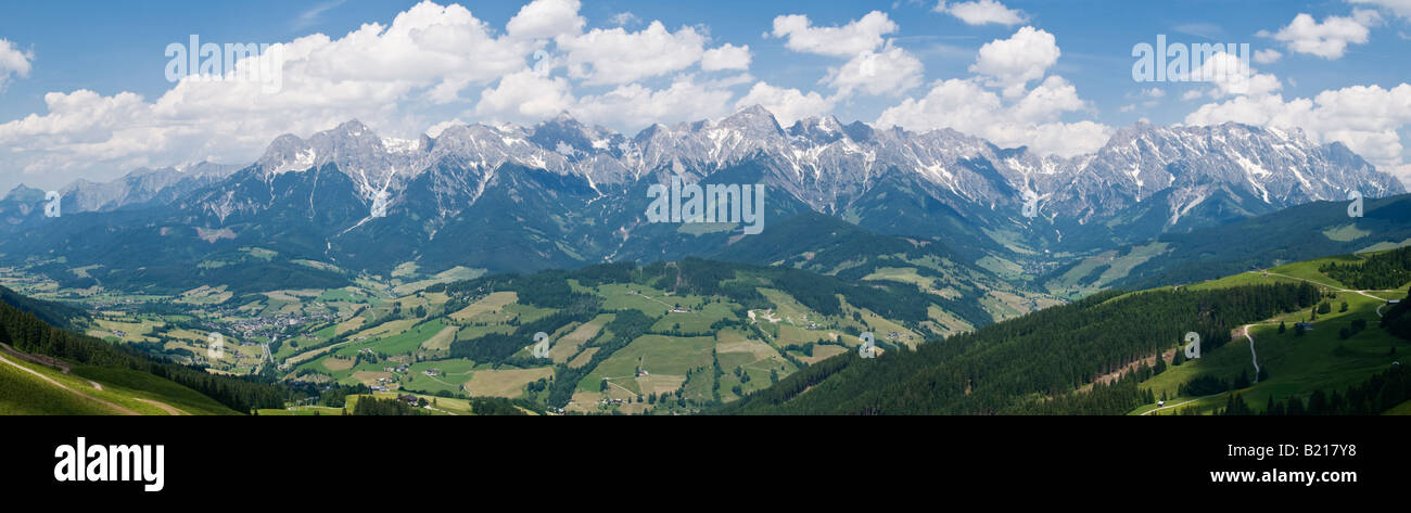 Panoramic view from Dientner Berge range across valley to the Steinerne Meer mountain range, Austria Stock Photo