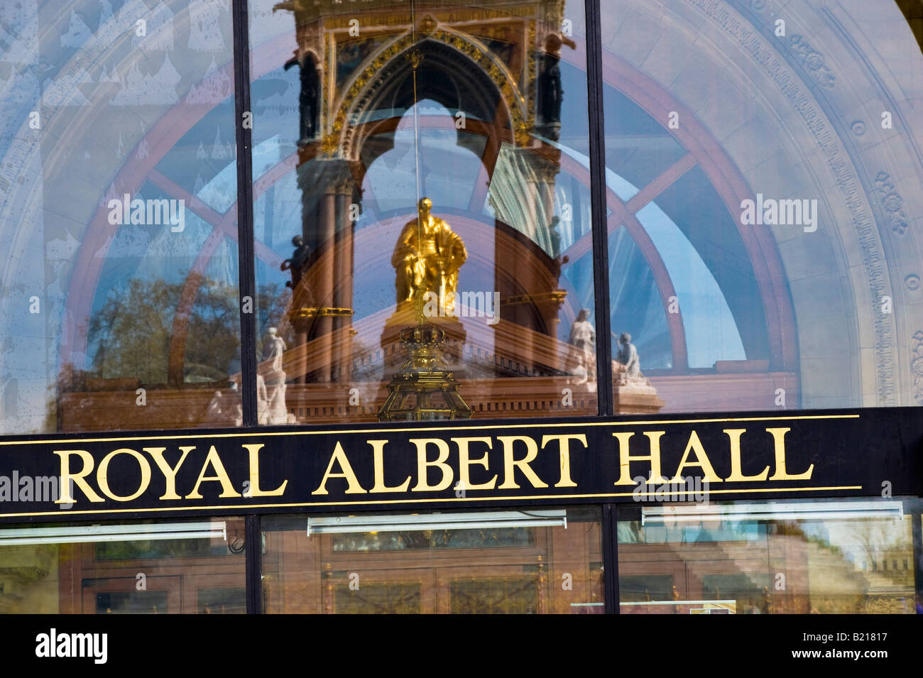 Reflection of Albert Memorial in Royal Albert Hall Kensington London United Kingdom Stock Photo