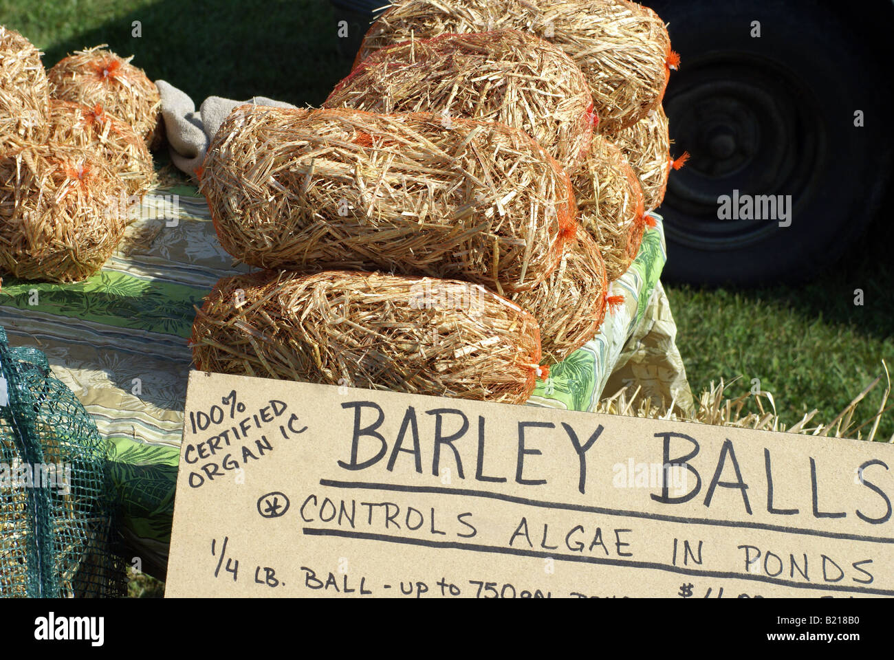 Barley balls to control algae in ponds Stock Photo