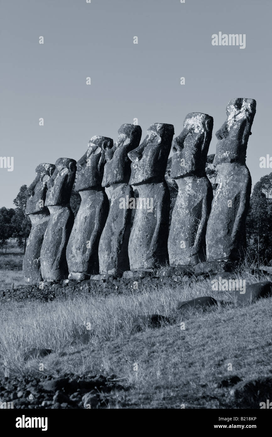 South America Chile Rapa Nui Easter Island Row of stone Moai statues at Ahu Akivi Stock Photo