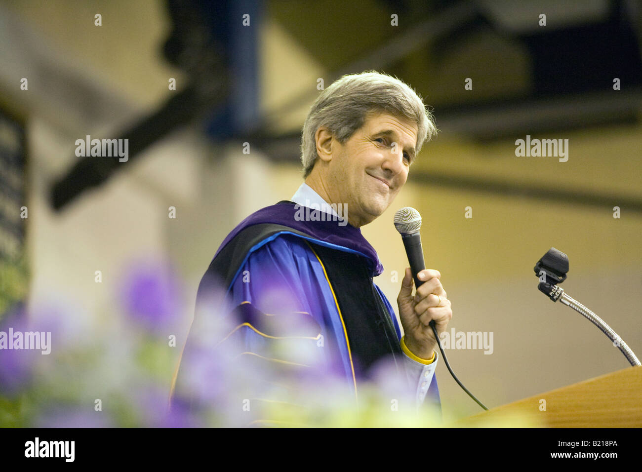 US Senator John Kerry speaking at Mass College of Liberal Arts in North Adams MA 2008 and receives honorary degree Stock Photo