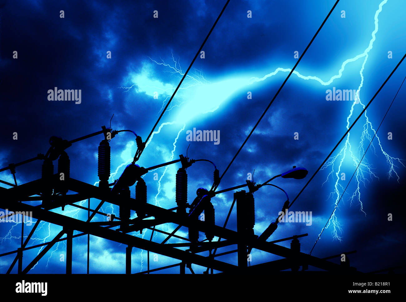 lightning strike near electric power substation at night Stock Photo ...