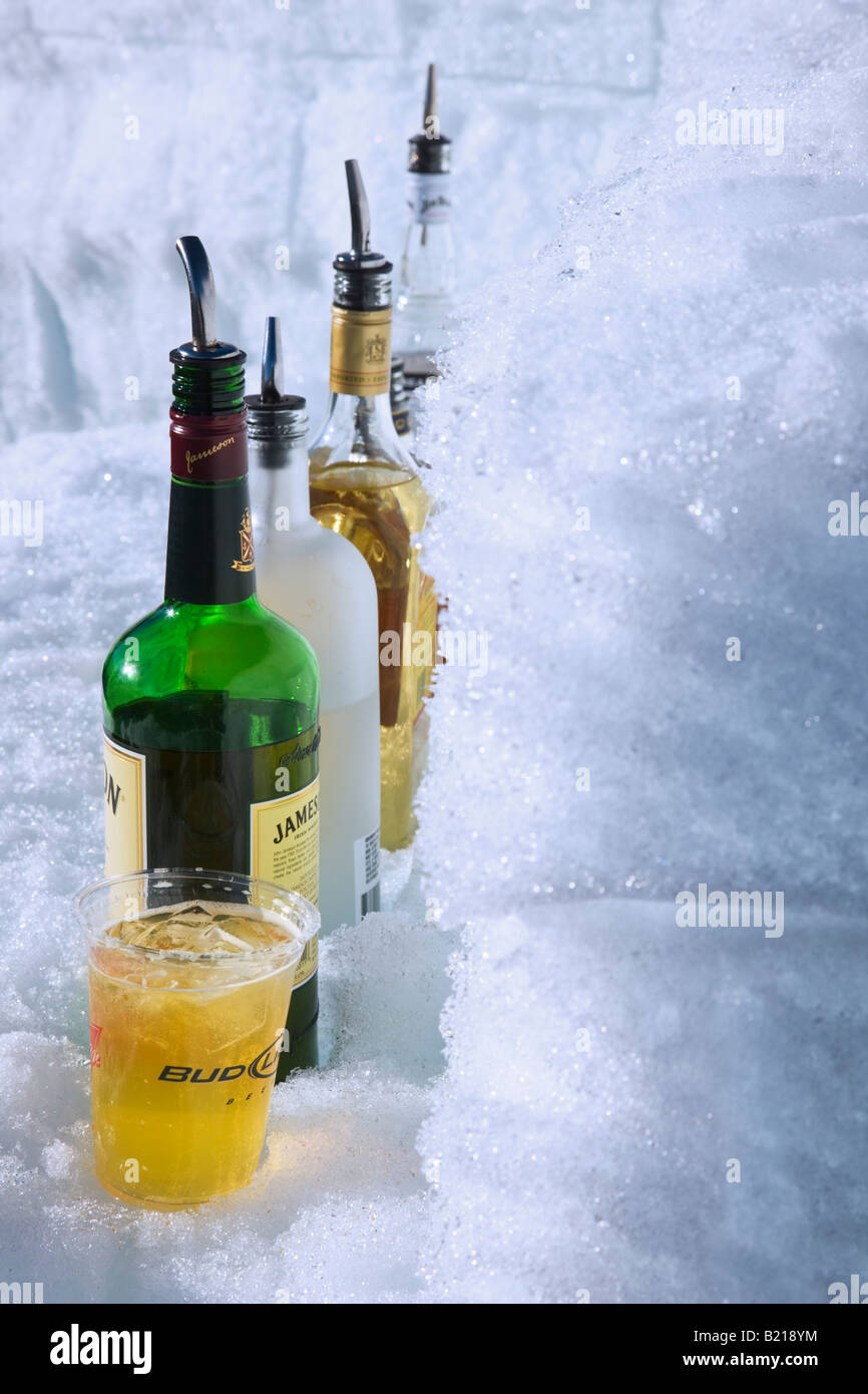 Beer and spirit bottles in the ice bar at Steamboat Springs ski resort, Colorado, USA. Stock Photo