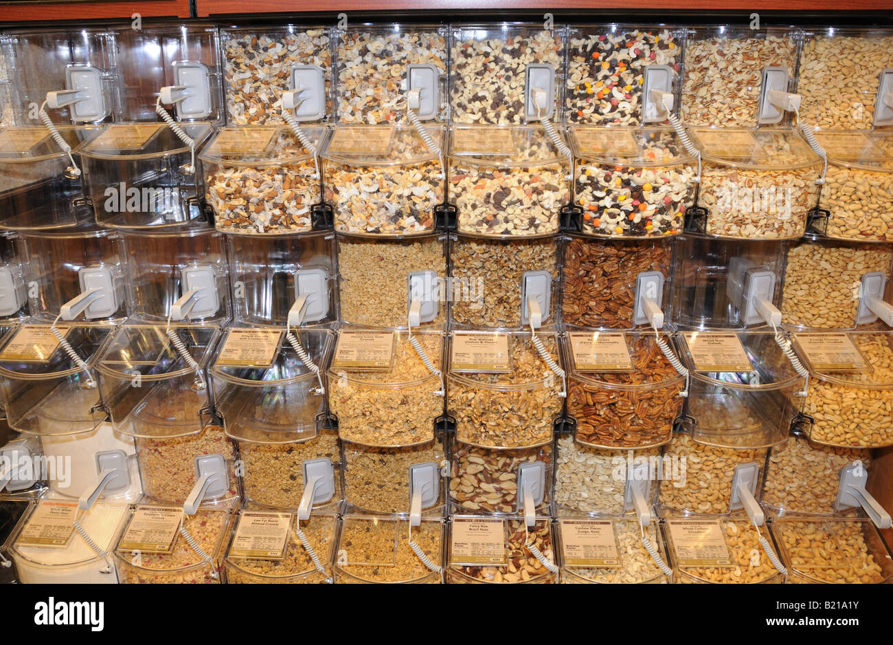 Bulk nuts and cereals for sale in Whole Foods, a Manhattan supermarket Stock Photo