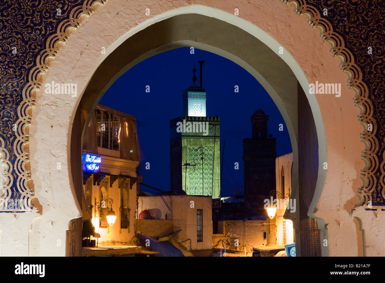 Fes Bab Boujloud and minaret of the Kairaouine Mosque Fes el bali Stock Photo