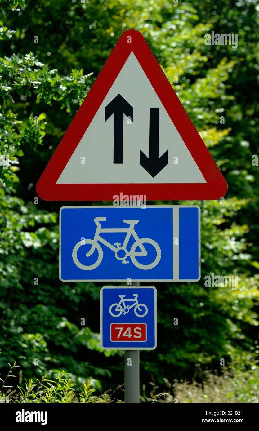 Road signs. Two-way traffic and cycling route 74S. Dumfries and Galloway, Scotland, United Kingdom, Europe. Stock Photo