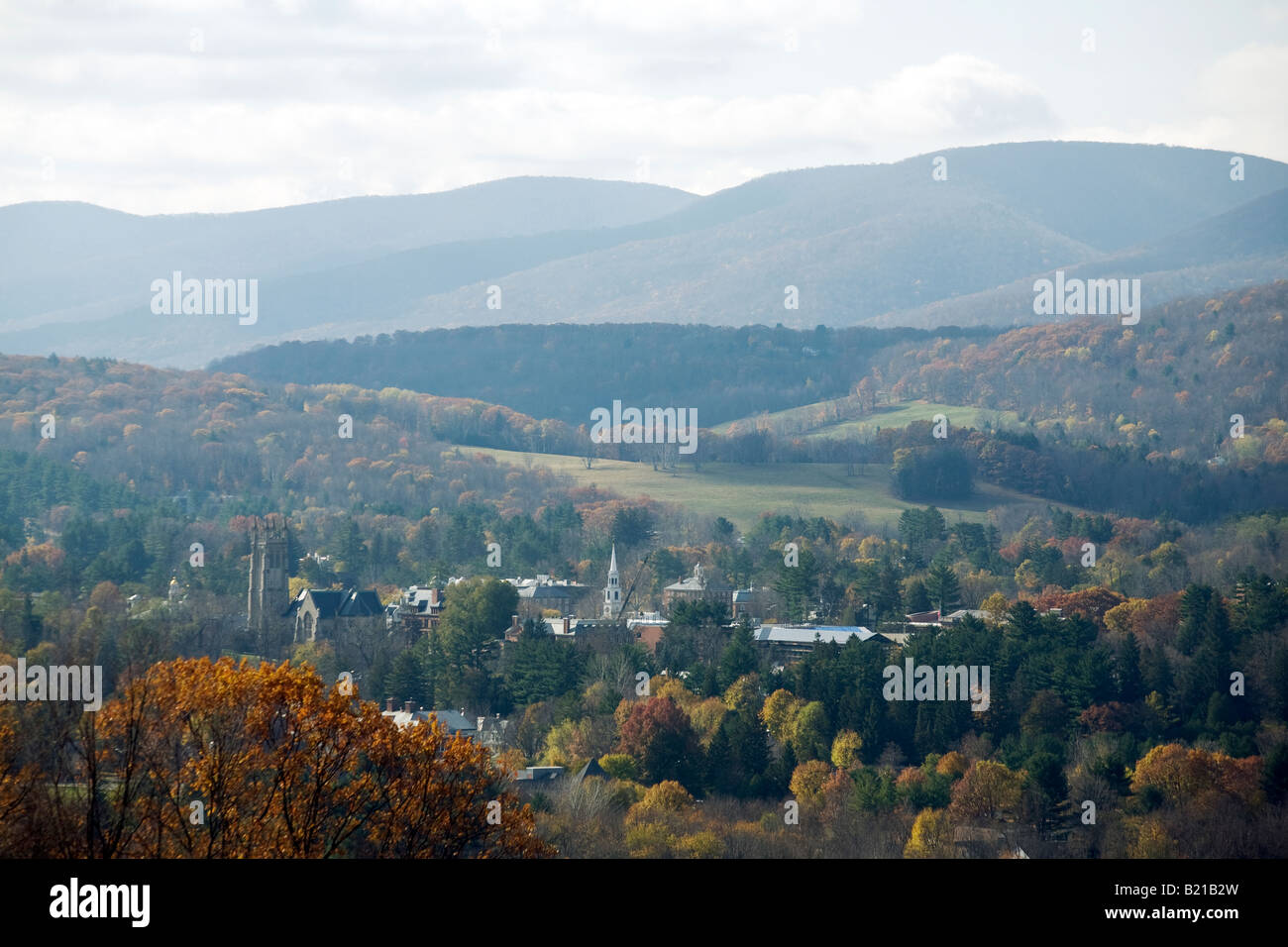 The town of Williamstown Massachusetts is located in the Berkshires This fall view includes the Taconic Mountain range Stock Photo