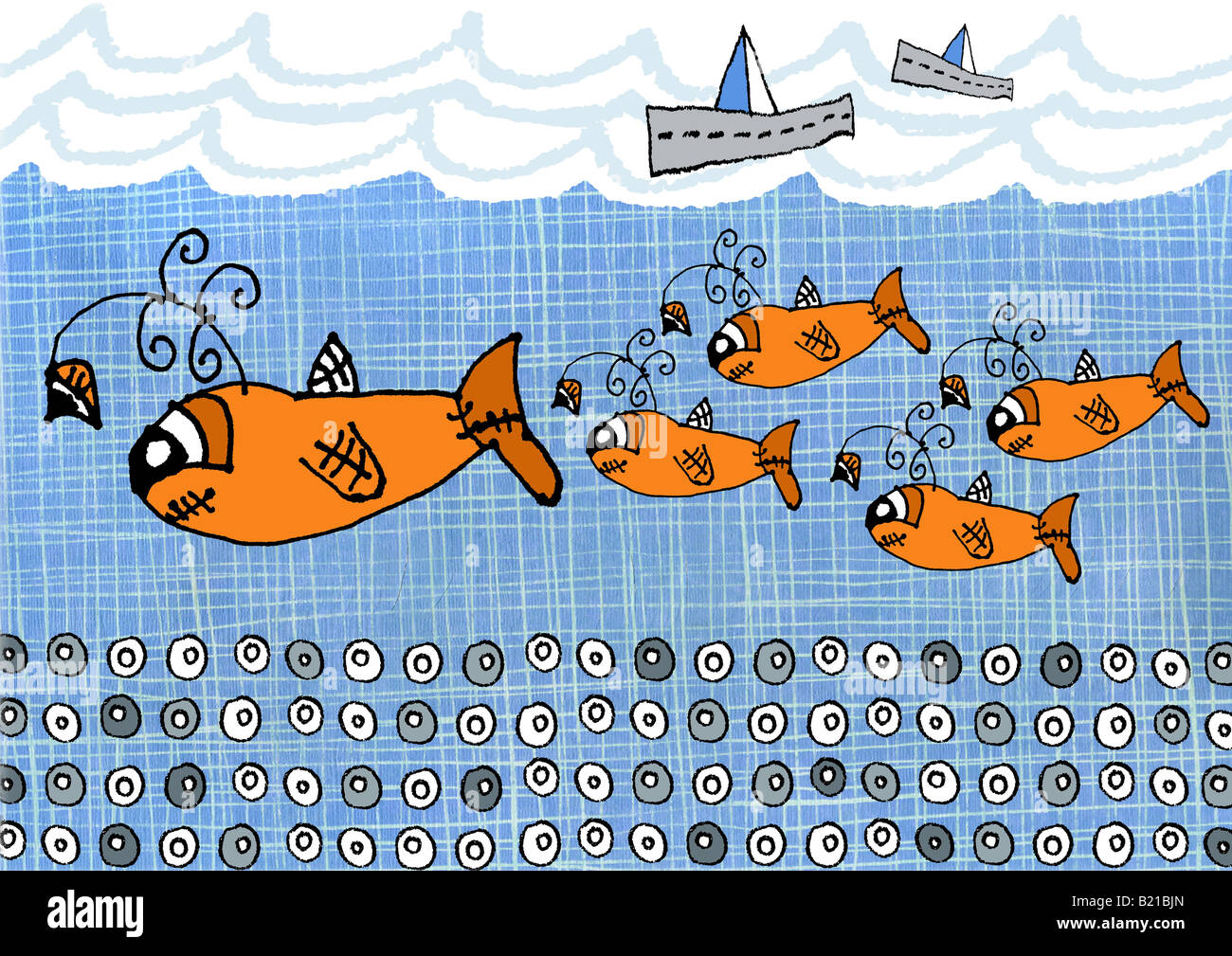 Children's style illustrations of fishes swimming in the sea Stock Photo