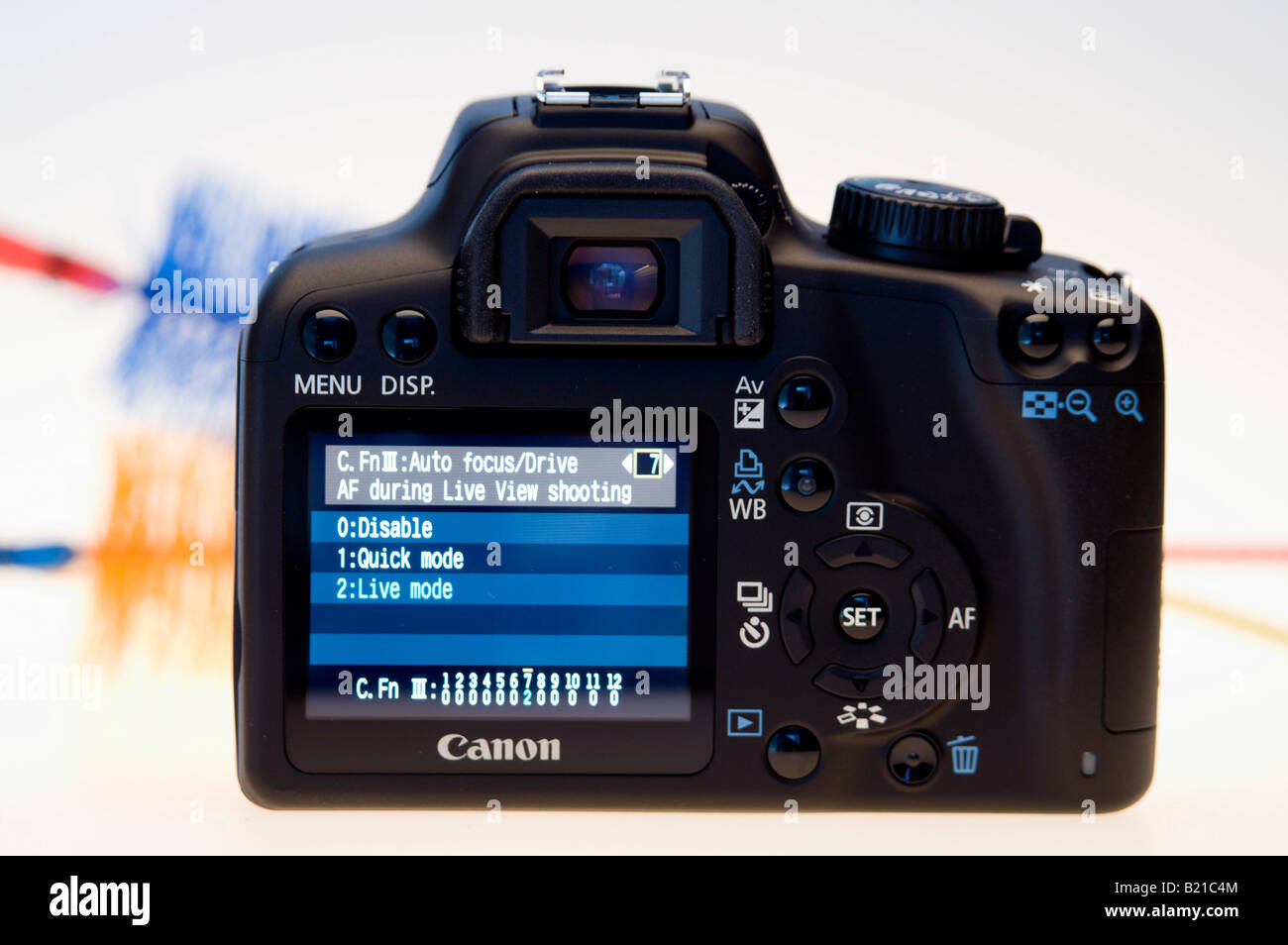 Canon EOS 1000D digital SLR camera July 2008 launch product shot Live View  function menu screen for setting live view options Stock Photo - Alamy