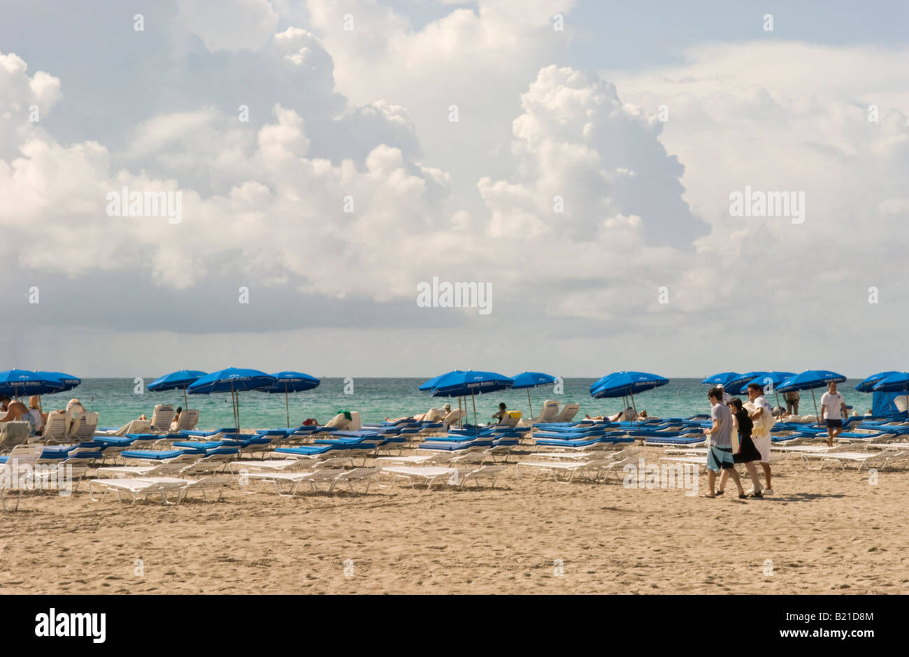 Lounge chairs lined up on Miami Beach in the morning Stock Photo