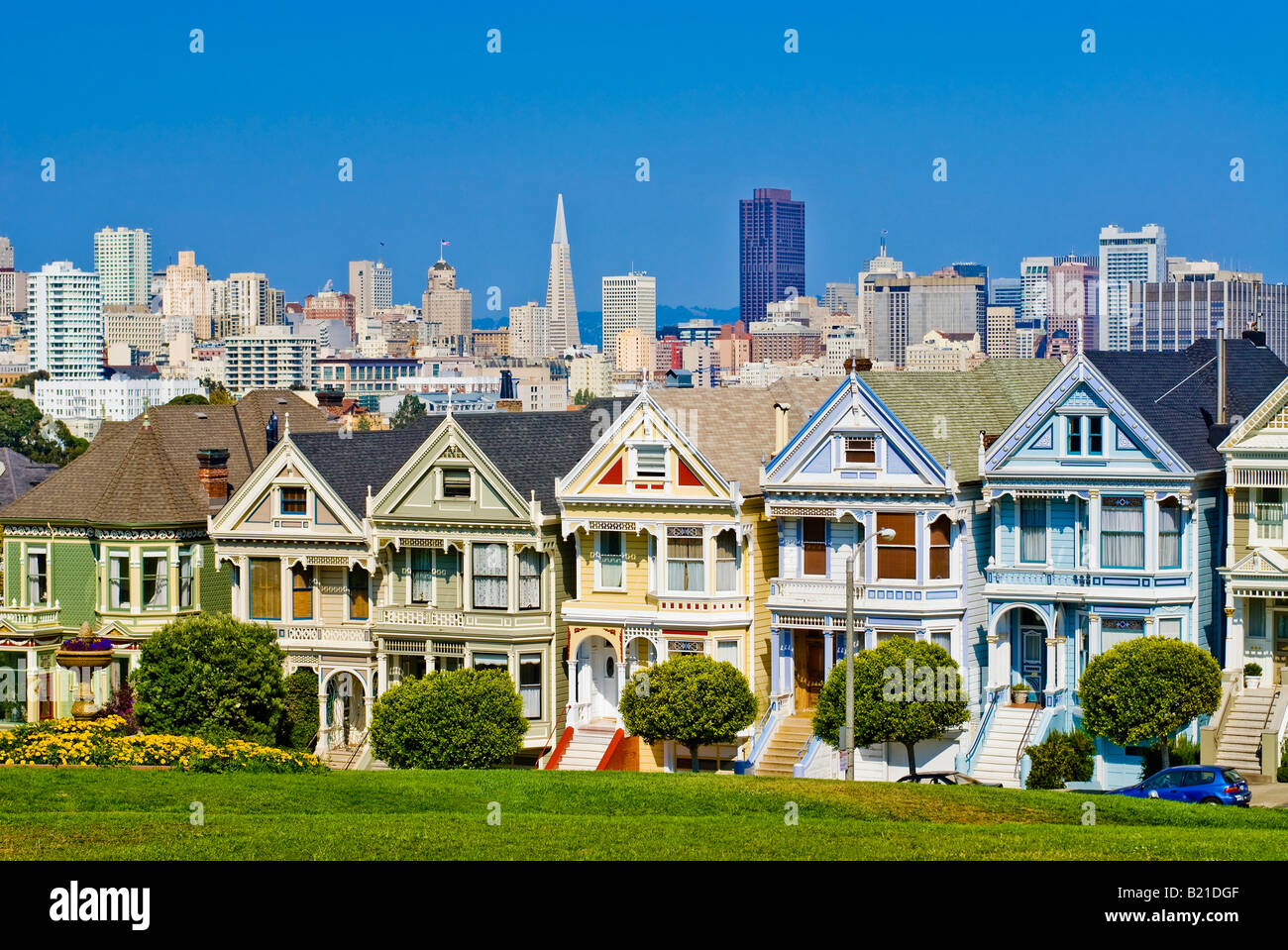 San Francisco, California. The "Painted Ladies" victorian houses at "Alamo Square" with the San