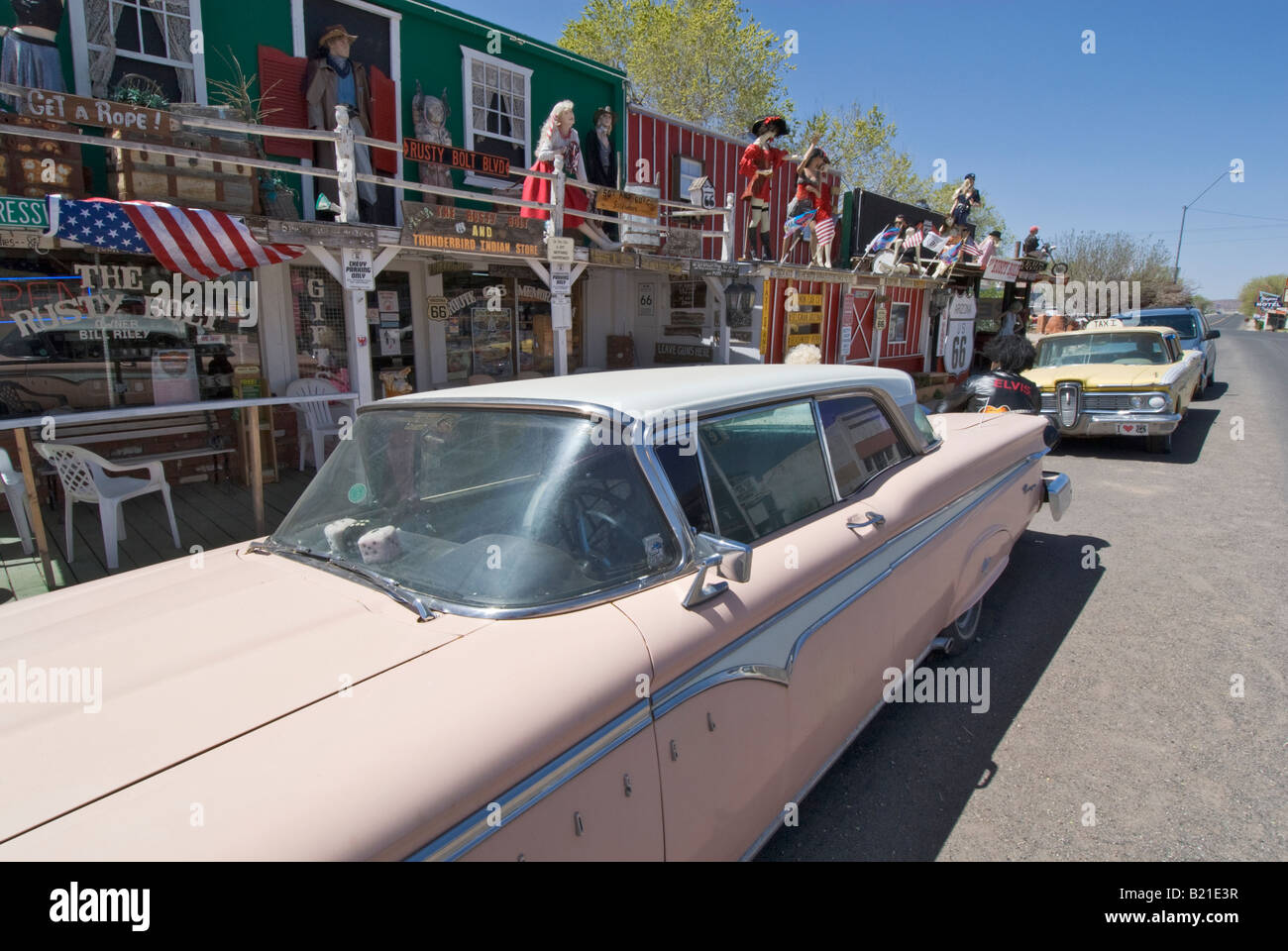 Arizona Seligman Historic Old  Route 66 Edsel car parked in front of souvenir shop Stock Photo