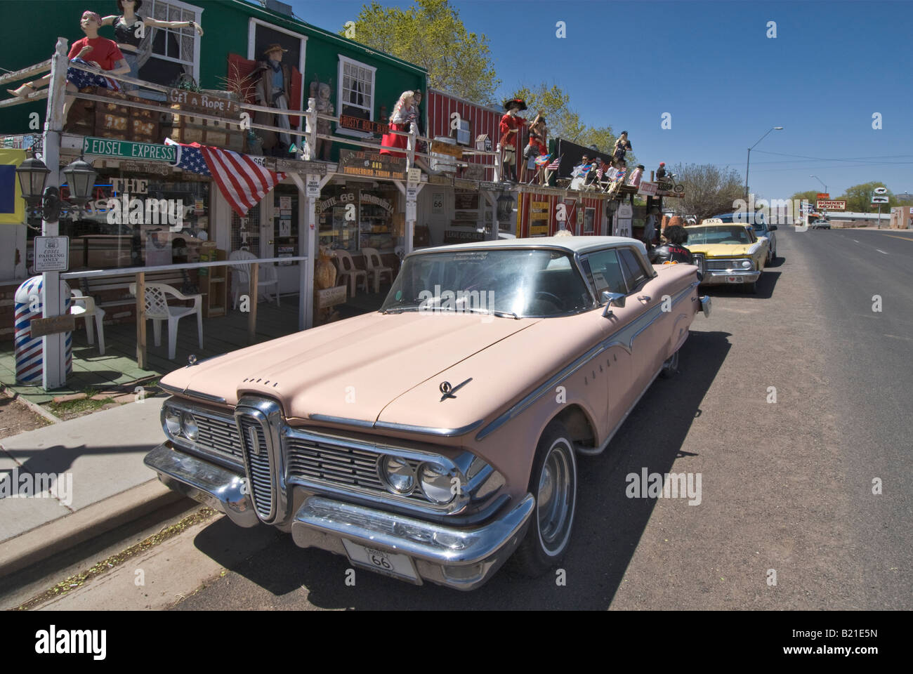 Arizona Seligman Historic Old Route 66 Edsel car parked in front of souvenir shop Stock Photo