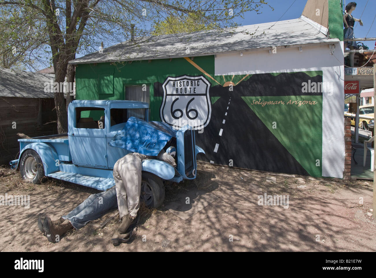 Arizona Seligman Historic Old  Route 66 humerous display next to souvenir shop Stock Photo
