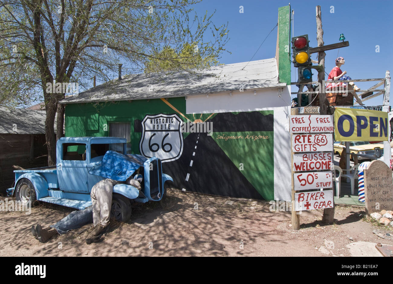 Arizona Seligman Historic Old Route 66 humerous display next to souvenir shop Stock Photo