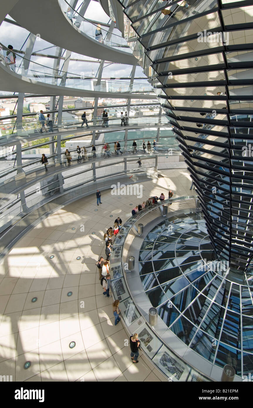 A wide angle view of tourists inside the dome on top of the Reichstag - the german parliment building. Stock Photo