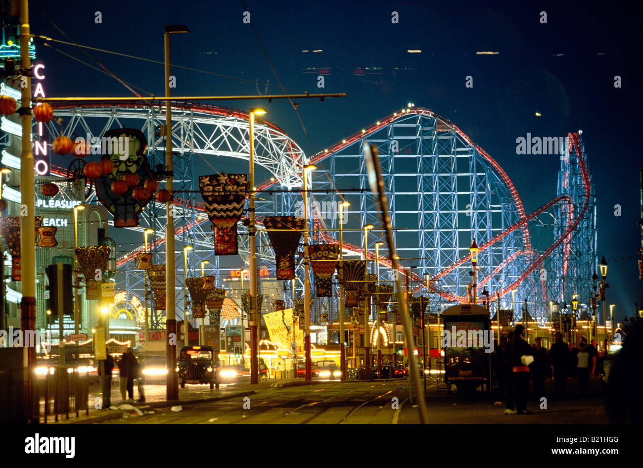 Roller Coaster at Blackpool Amusement Park illuminated at night