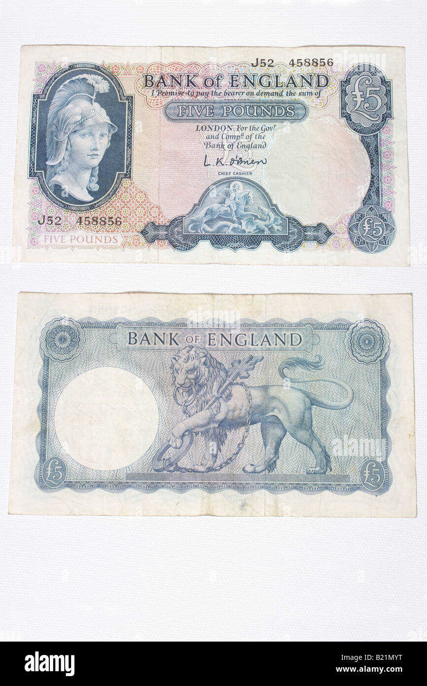 The front and back of a very old English five pound note. Stock Photo