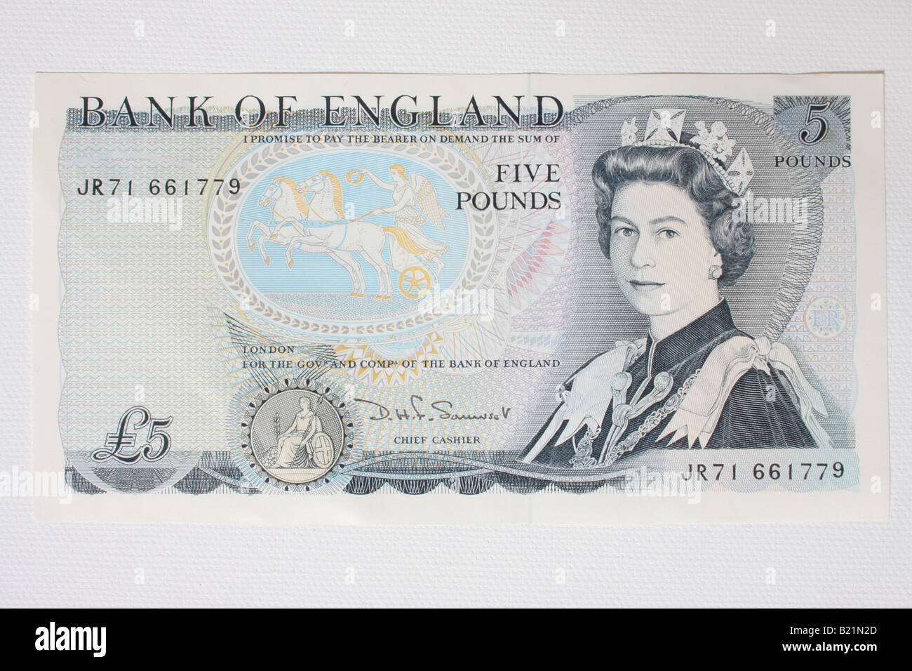 The front of an old English five pound note with the Duke of Wellington. Stock Photo
