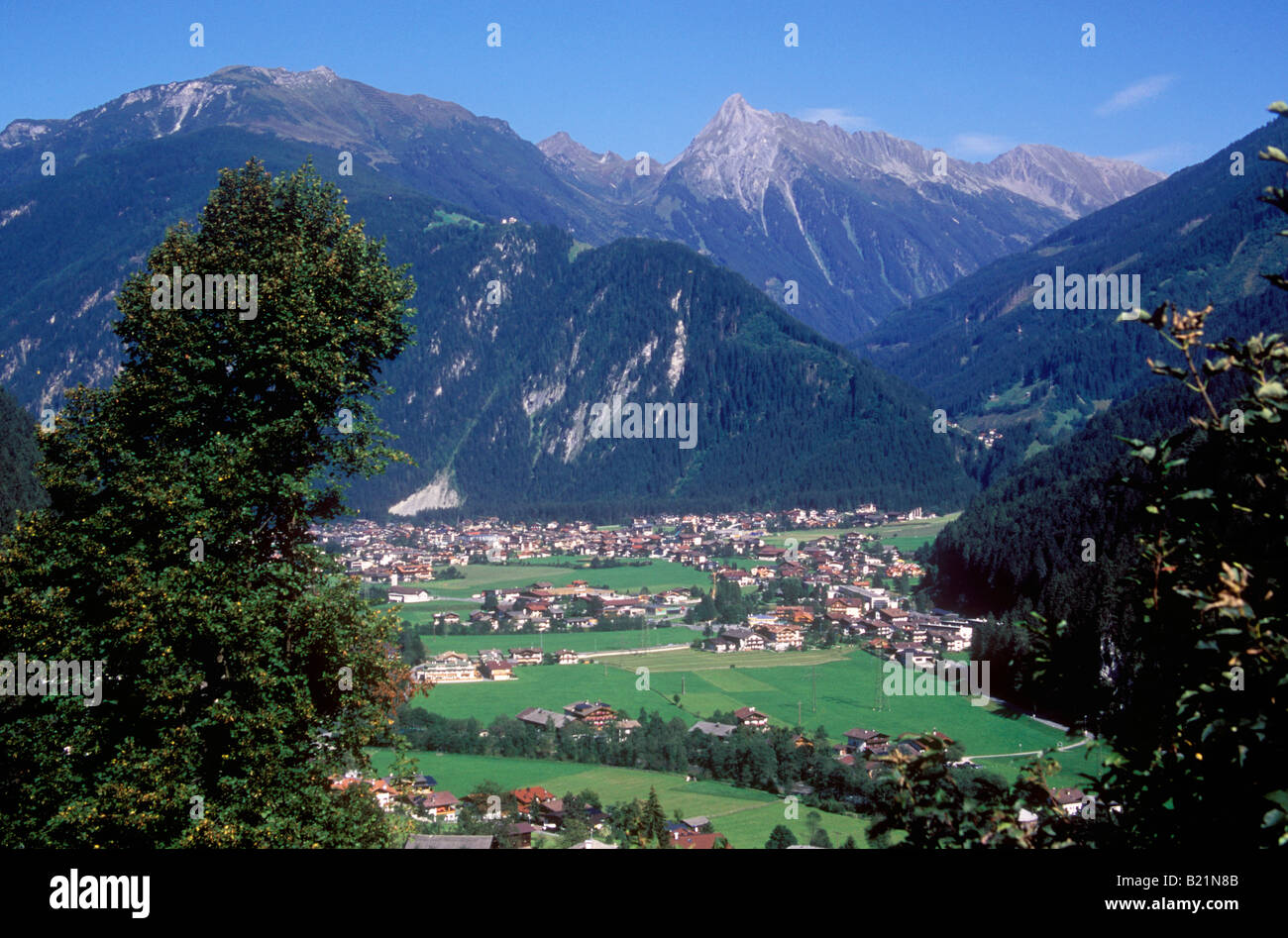 View towards Mayrhofen from near Finkenberg Stock Photo
