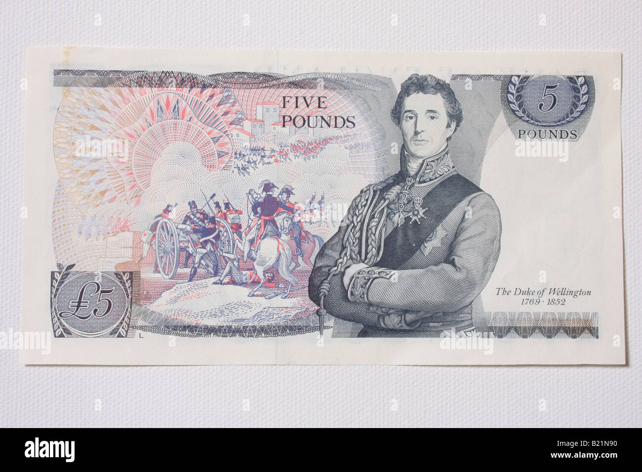 The back of an old English five pound note with the Duke of Wellington. Stock Photo